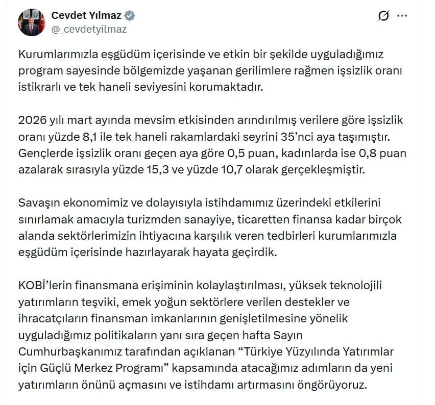 Cevdet Yılmaz’dan Umut Veren Açıklama: İşsizlik Tek Hanede, Hedef Toplumsal Refahı Artırmak