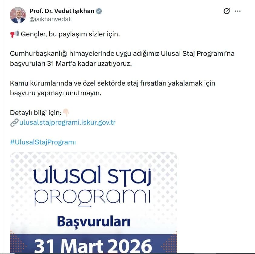 Ulusal Staj Programı Başvuruları 31 Mart’a Kadar Uzatıldı
