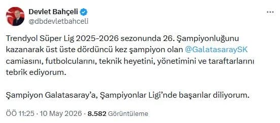 Bahçeli’den Galatasaray’a Dev Kutlama: ‘Üst Üste 4. Şampiyonlukla Tarih Yazdınız!’
