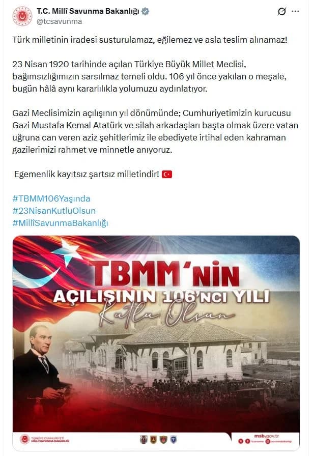 MSB’den TBMM’nin 106. Yılına Özel Kutlama: ‘Egemenlik Kayıtsız Şartsız Milletindir’