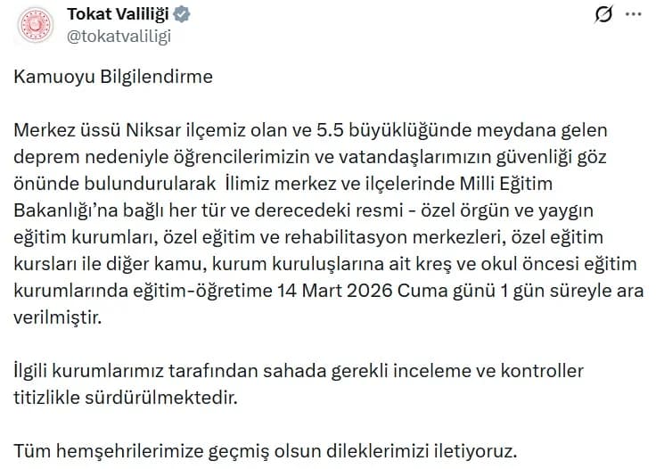 Tokat’ta 5.5 Büyüklüğünde Deprem: Eğitimine Ara Verildi
