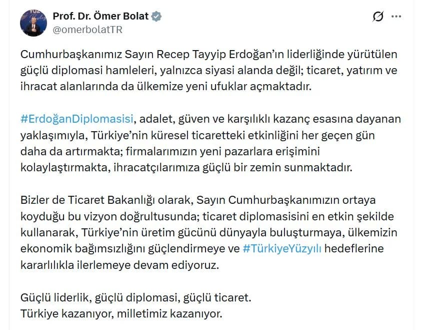 Bakan Bolat: Erdoğan’ın Diplomasisi İhracatçılara Güç Kazandırıyor