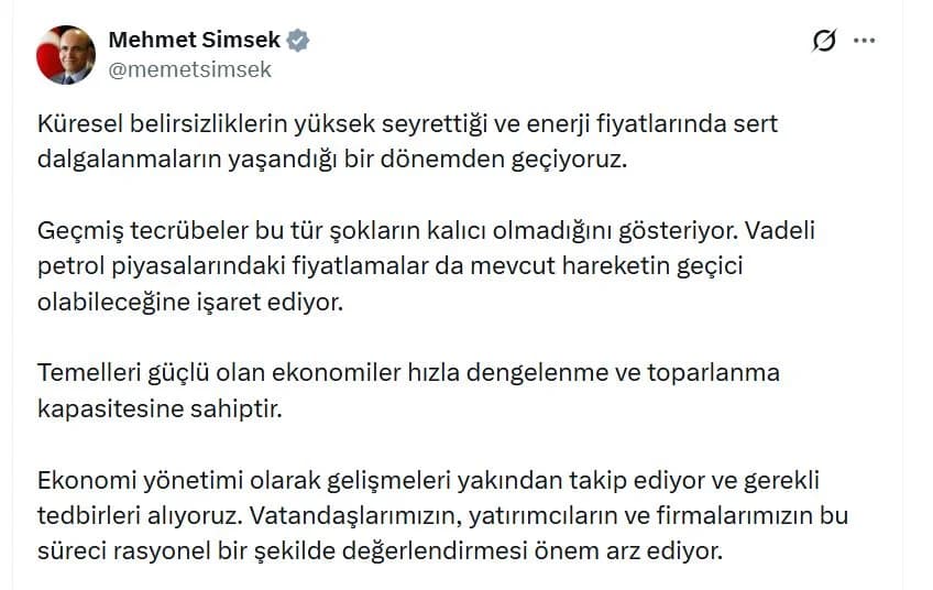 Bakan Şimşek: Enerji Fiyatlarındaki Dalgalanmalar Kalıcı Değil