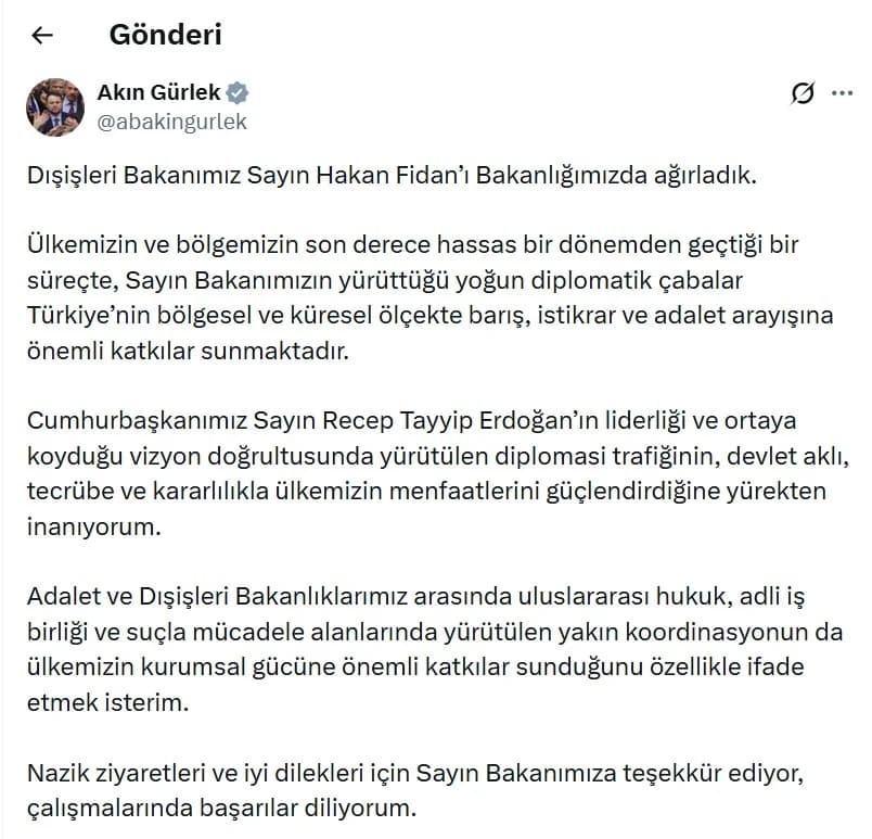 Bakan Fidan, Bakan Gürlek’i Ziyaret Etti