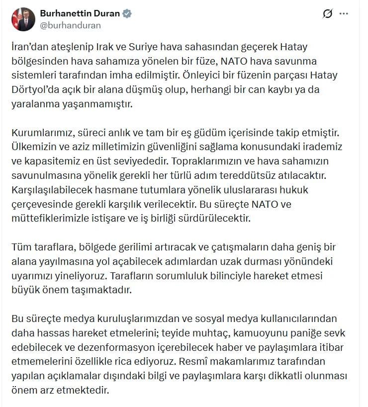 MSB: İran’dan Fırlatılan Balistik Füze Hava Savunma Sistemleri ile İmhada Edildi
